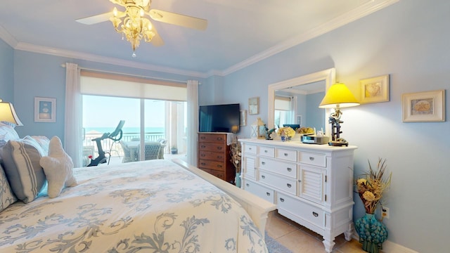 bedroom featuring ceiling fan, light tile flooring, access to exterior, and ornamental molding