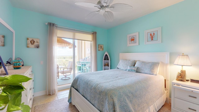 bedroom featuring ceiling fan, light tile floors, and access to exterior