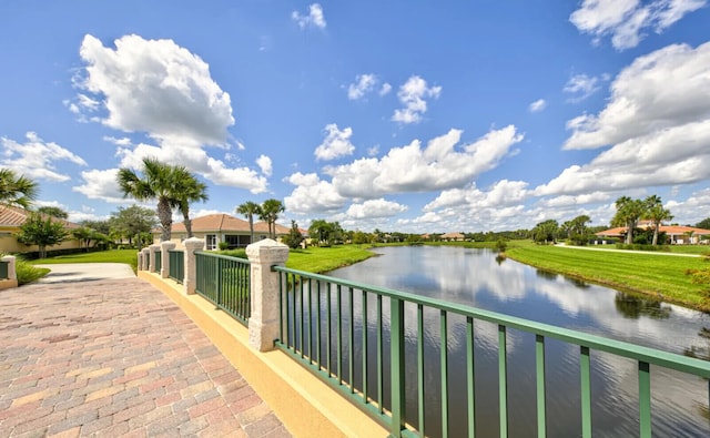 exterior space with a water view