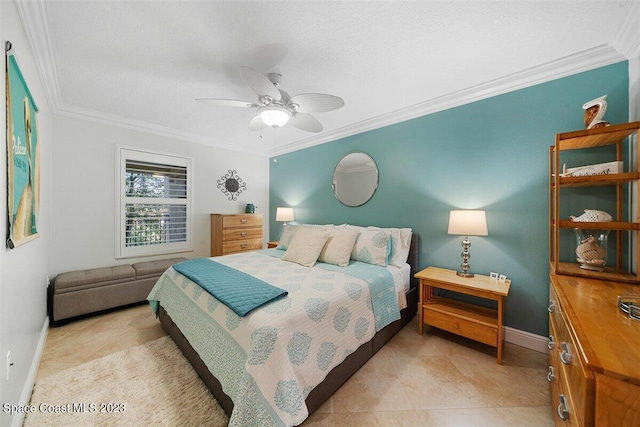 tiled bedroom featuring a textured ceiling, ceiling fan, and ornamental molding