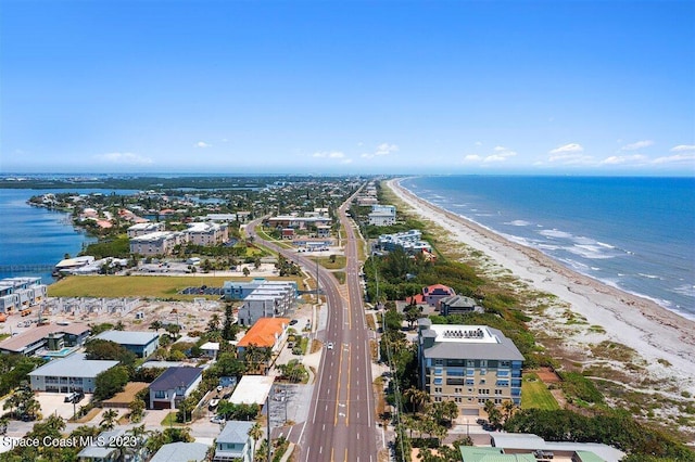 aerial view featuring a beach view and a water view