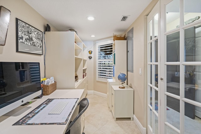 tiled office featuring french doors