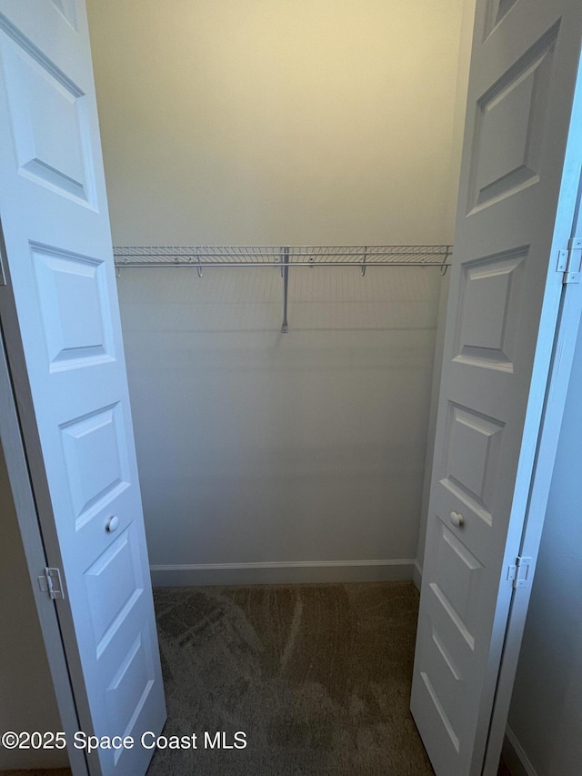 walk in closet with dark colored carpet