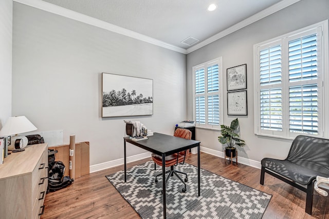 office area featuring crown molding and hardwood / wood-style floors