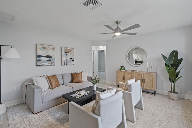 living room featuring ceiling fan