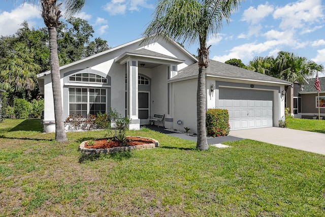 ranch-style house with a front lawn and a garage