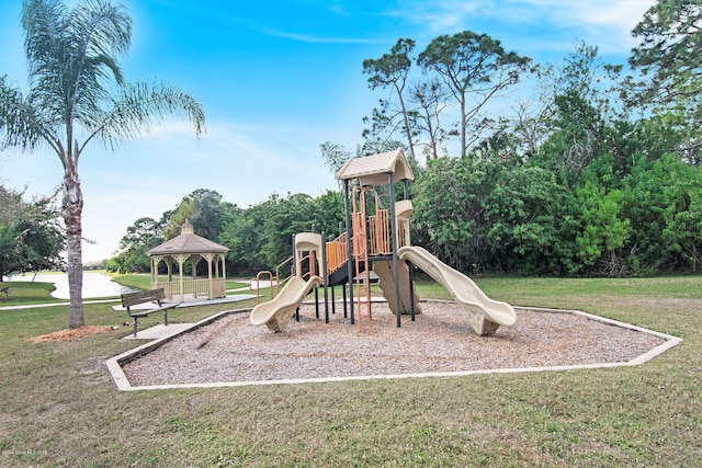 view of play area featuring a yard and a gazebo