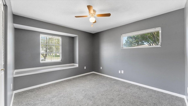 spare room featuring ceiling fan, carpet, and a textured ceiling