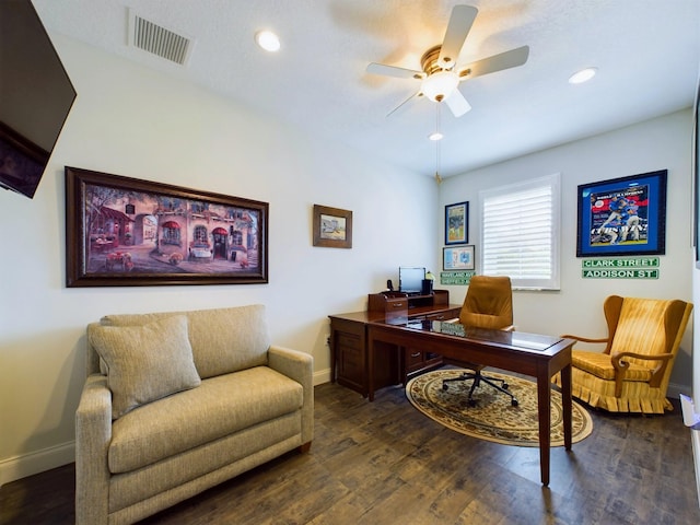 office featuring dark hardwood / wood-style floors and ceiling fan