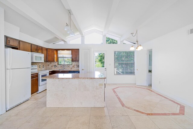 kitchen featuring white appliances, tasteful backsplash, vaulted ceiling with beams, decorative light fixtures, and light tile floors