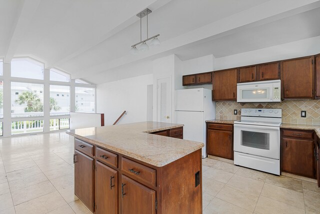 kitchen featuring a center island, lofted ceiling with beams, white appliances, and light tile floors