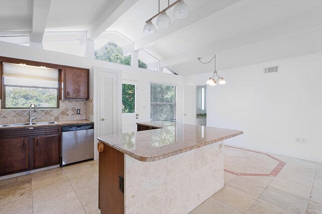 kitchen featuring decorative light fixtures, vaulted ceiling with beams, sink, and stainless steel dishwasher