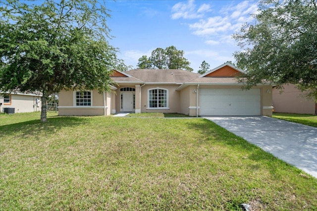 single story home featuring a garage, central AC, and a front lawn