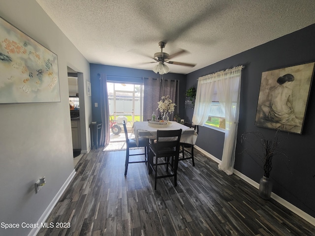 dining space with a healthy amount of sunlight, dark wood-type flooring, and a textured ceiling