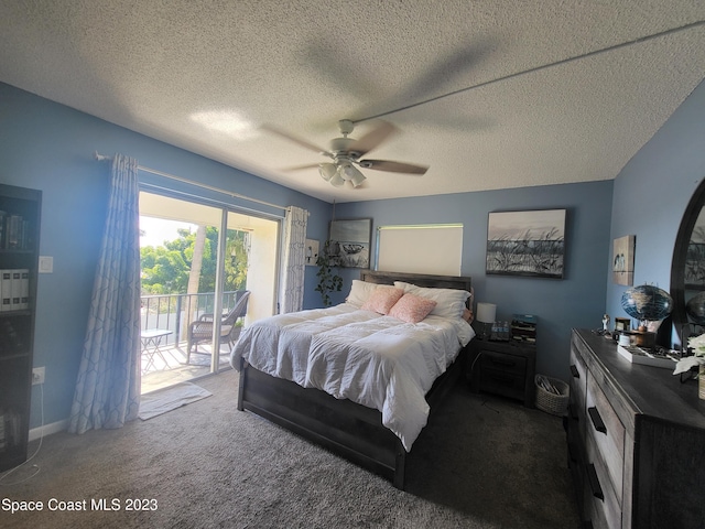 carpeted bedroom featuring ceiling fan, a textured ceiling, and access to outside