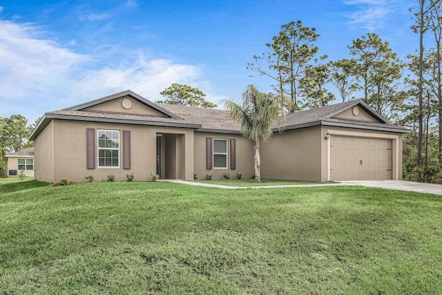 single story home with a garage and a front yard