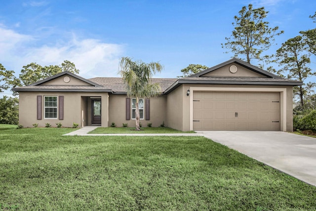 single story home with a garage and a front yard