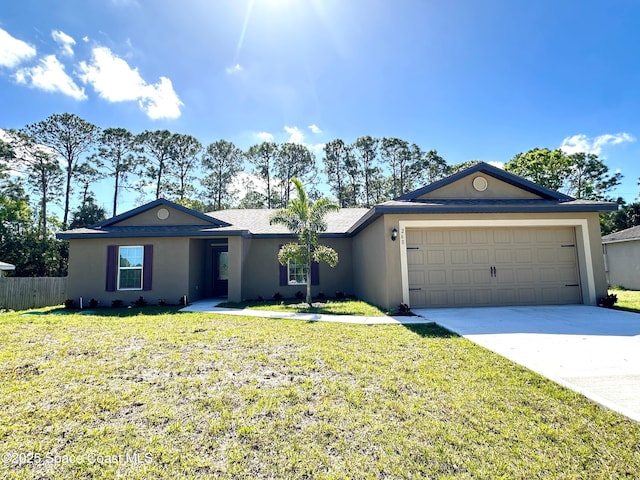 ranch-style house with a garage and a front lawn