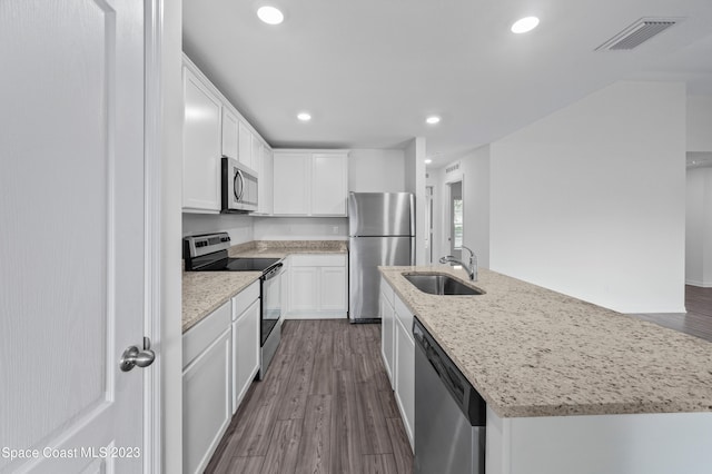 kitchen featuring appliances with stainless steel finishes, white cabinets, sink, and dark wood-type flooring