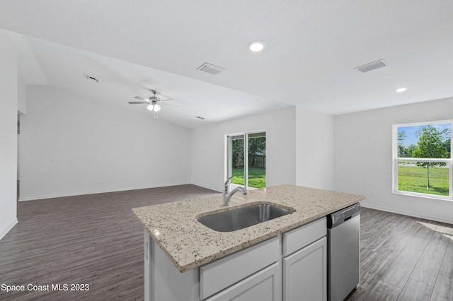 kitchen with sink, dark wood-type flooring, dishwasher, and a wealth of natural light