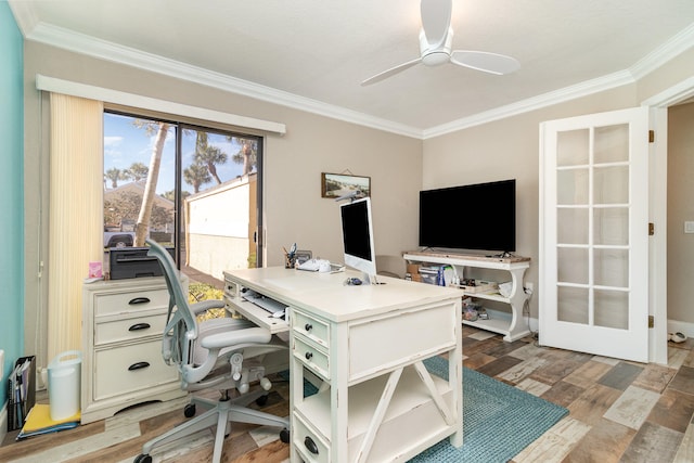 home office featuring ceiling fan, light hardwood / wood-style floors, and ornamental molding