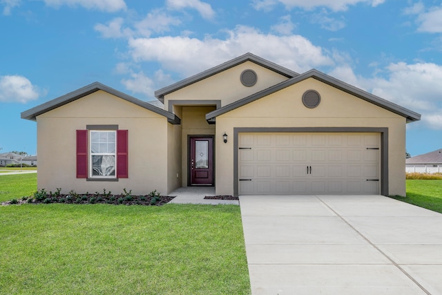 single story home featuring a garage and a front lawn