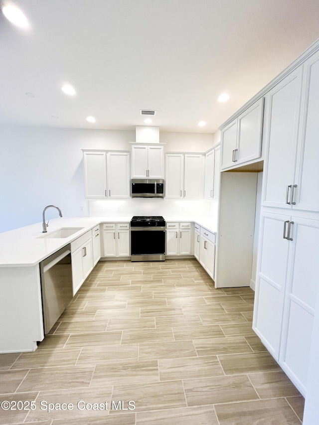 kitchen with stainless steel appliances, light countertops, wood tiled floor, a sink, and a peninsula