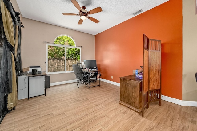 office featuring ceiling fan, a textured ceiling, and light hardwood / wood-style flooring