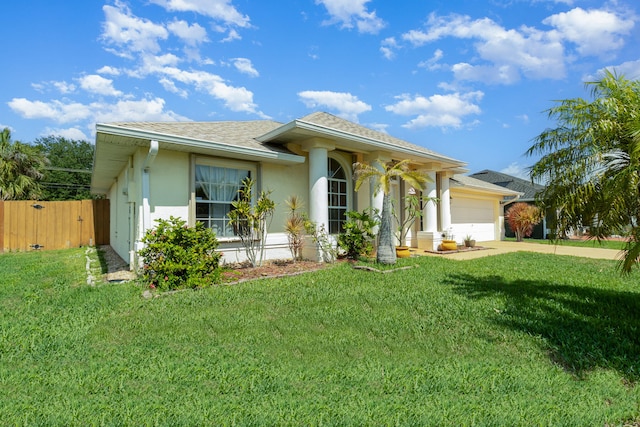 single story home featuring a front yard and a garage