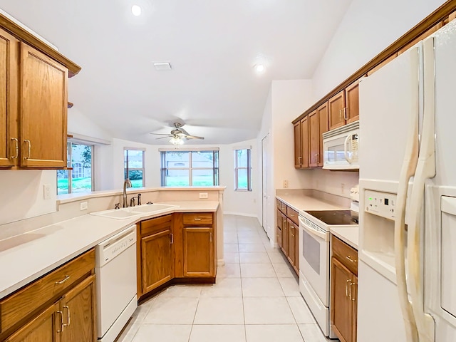 kitchen featuring sink, white appliances, a wealth of natural light, and light tile patterned flooring