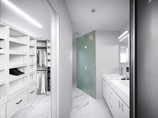 bathroom featuring vanity and walk in shower