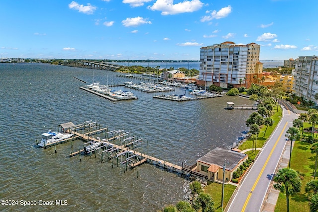 birds eye view of property featuring a water view