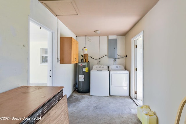 laundry room featuring water heater, washing machine and clothes dryer, and electric panel