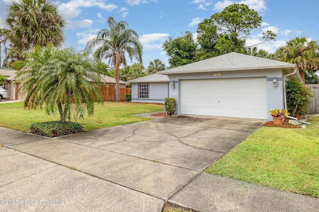 ranch-style home featuring roof with shingles, stucco siding, concrete driveway, a front yard, and a garage