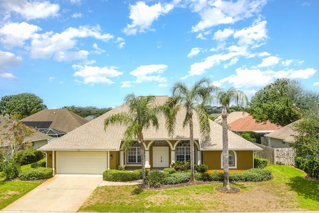 view of front of property featuring a front yard and a garage