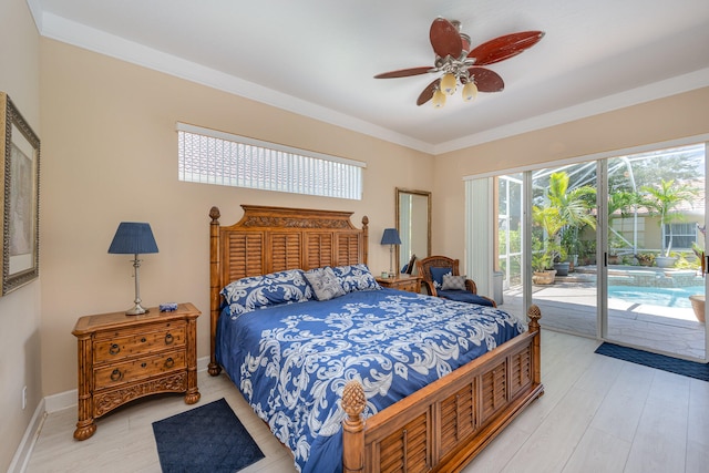 bedroom with light wood-type flooring, access to outside, ceiling fan, and ornamental molding