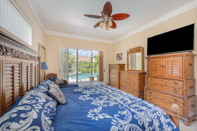 bedroom featuring access to outside, ceiling fan, and ornamental molding