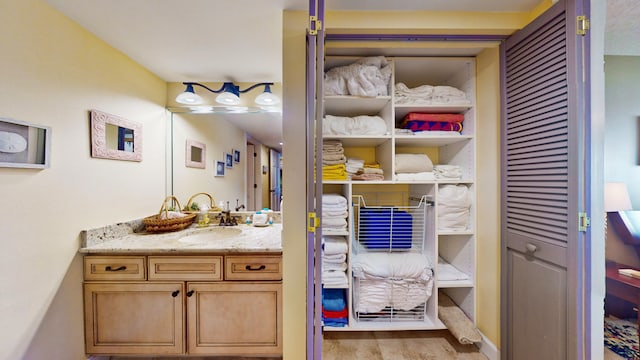 bathroom with hardwood / wood-style floors and large vanity