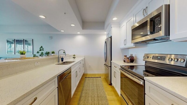 kitchen featuring light stone counters, light wood-type flooring, white cabinets, sink, and appliances with stainless steel finishes