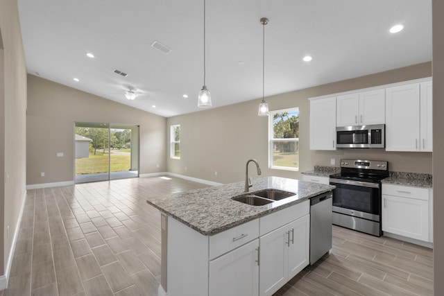 kitchen featuring sink, a healthy amount of sunlight, vaulted ceiling, and appliances with stainless steel finishes