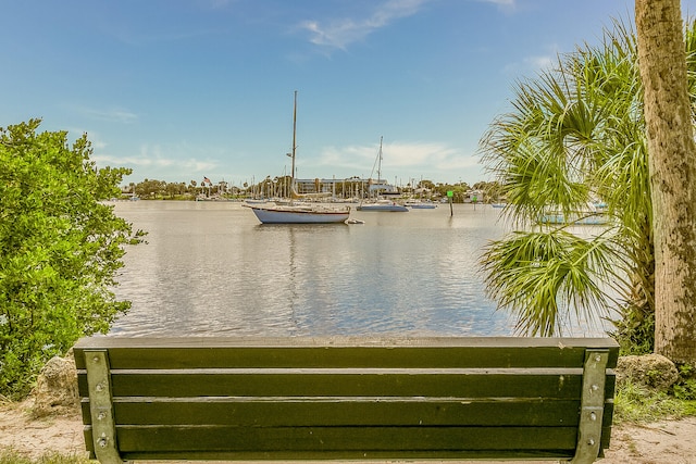 exterior space with a water view