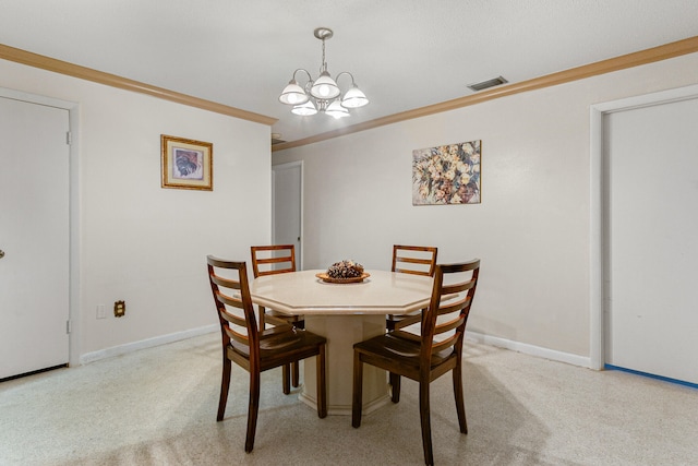 dining room with a notable chandelier, ornamental molding, and light colored carpet