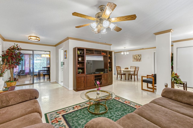 living room featuring ceiling fan with notable chandelier, a textured ceiling, and crown molding