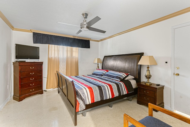 bedroom with ornamental molding, ceiling fan, and a textured ceiling