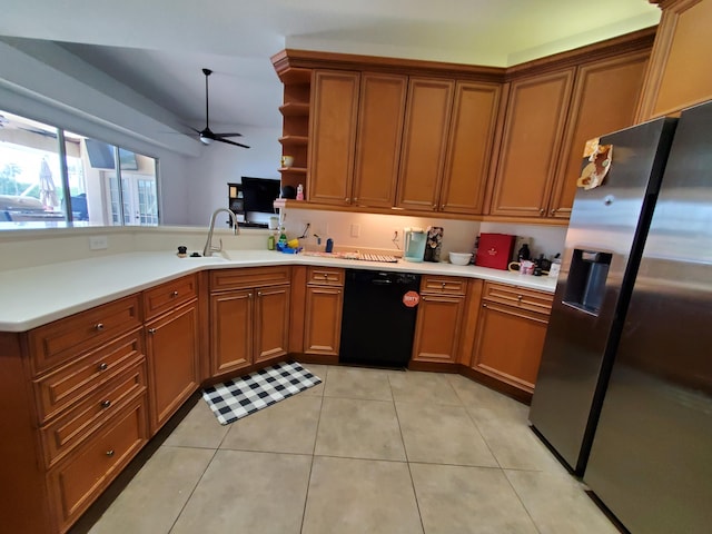 kitchen with ceiling fan, dishwasher, stainless steel refrigerator with ice dispenser, kitchen peninsula, and light tile patterned flooring