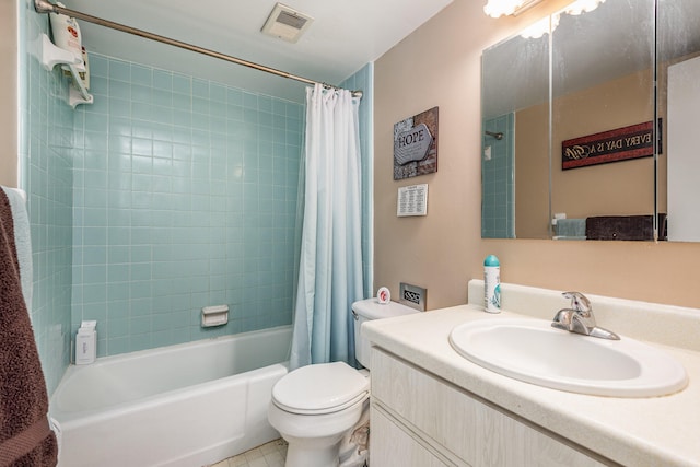 full bathroom featuring vanity, toilet, tile floors, and shower / tub combo