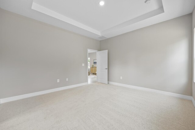 carpeted spare room with a tray ceiling