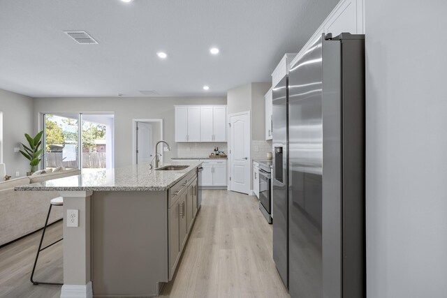 kitchen featuring white cabinetry, sink, an island with sink, decorative backsplash, and appliances with stainless steel finishes