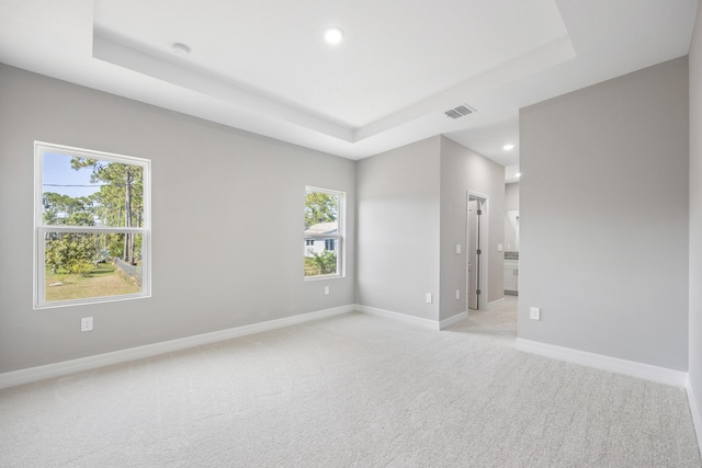 carpeted spare room with a tray ceiling