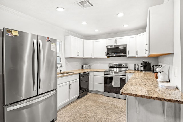 kitchen featuring sink, light stone countertops, ornamental molding, white cabinetry, and stainless steel appliances